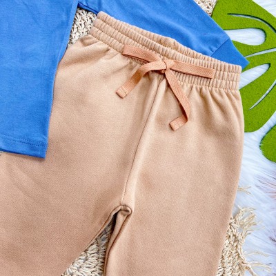 Conj. Blusa Manga Longa Baby Dino e Calça de Moletom - Azul Jeans e Areia